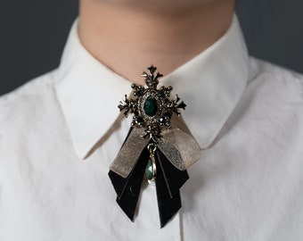 Gothic Style Dark Green Ribbon Brooch, Bow Brooch, Bow Tie for woman, Necktie for Woman