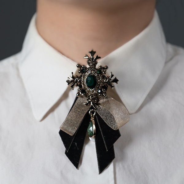 Gothic Style Dark Green Ribbon Brooch, Bow Brooch, Bow Tie for woman, Necktie for Woman