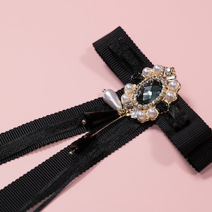 black long ribbon brooch with crystal gem, Bow Brooch, Bow Tie for woman, Necktie for Woman