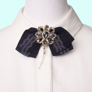 Black Butterfly Ribbon Brooch with pretty crystal charm and chain, Bow Brooch, Bow Tie for woman, Necktie for Woman