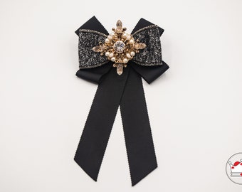 Gothic Style Black Ribbon Brooch, Vintage Style Bow Brooch, Bow Tie for woman, Necktie for Woman