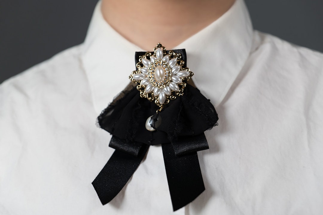 Black Ribbon Brooch With Special Pearl Charm, Bow Brooch, Bow Tie for ...