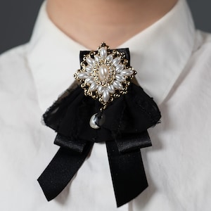 Black Ribbon Brooch with special pearl charm, Bow Brooch, Bow Tie for woman, Necktie for Woman