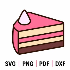 Könnte beinhalten: Eine digitale Illustration eines dreieckigen Kuchenstücks mit rosa Glasur, beigen Kuchensichten, einer dunkelbraunen Bodenschicht und einem weißen Cremetupfer obenauf. Unter dem Kuchen steht der Text SVG, PNG, PDF und DXF in schwarzen Buchstaben.