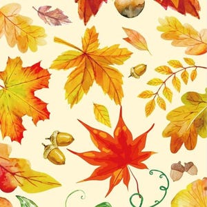May include: Watercolor illustration featuring autumn leaves in shades of red, orange, and yellow, along with acorns and pumpkins. The leaves include maple, oak, and other varieties, creating a seasonal fall theme.