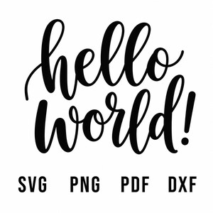 Può includere: Un grafico digitale nero che presenta il testo hello world! scritto in un carattere corsivo stilizzato. Sotto il testo principale, gli acronimi SVG, PNG, PDF e DXF sono visualizzati in un carattere sans-serif semplice e grassetto su sfondo bianco.