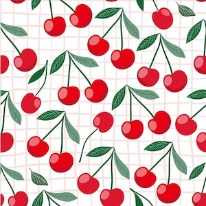May include: A repeating pattern of bright red cherries with green leaves and stems. The cherries are scattered across a white background with a subtle pink grid pattern. The design is simple and cheerful.