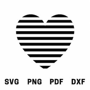 May include: A black and white heart graphic featuring a series of horizontal stripes. Below the heart, the text SVG, PNG, PDF, and DXF is displayed in a bold, black, sans-serif font, indicating the available file formats for this digital design.