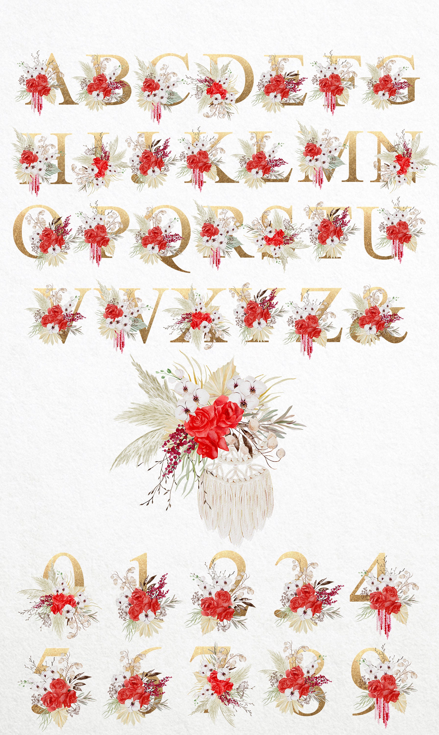 Boho Alphabet Bohemian Alphabet Red Floral with Gold Letters | Etsy