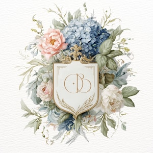 Blue and Blush Floral Wedding Crest png, Wedding Watercolor Crest png, Blush Roses  Watercolor Crest, Floral Wedding Logo