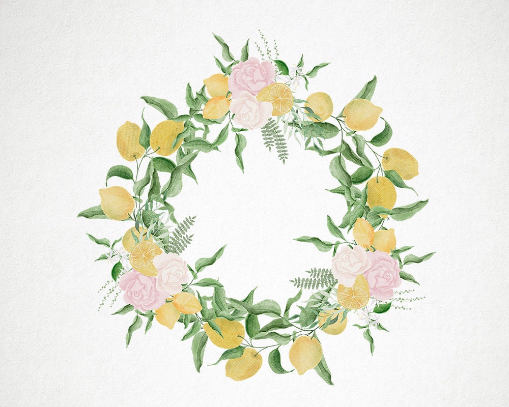 Watercolor Lemon Wreath Clipart Flowers and Lemons Wreath | Etsy