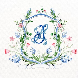 Blue Blush Floral Wedding Crest png, Spring Wedding Watercolor Crest png, Floral Wedding Logo