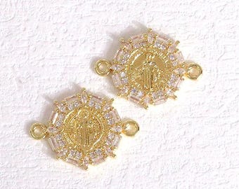 3pcs Round Virgin Mary Connector,18K Gold Plating Zircon Madonna Connector,Catholic Connector,Round Connector,DIY Jewelry Making