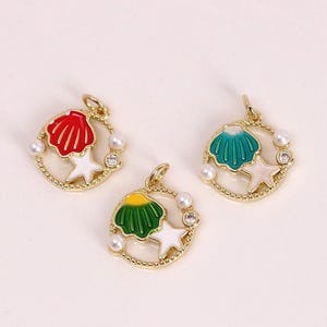 3Pcs 18K Gold Enamel Round Pearl Shell Pendant,Bracelet Necklace Charms,DIY Jewelry Making Supply