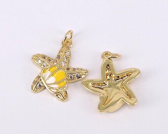 3 Stücke 18K Vergoldung Seestern Anhänger, Seestern Muschel Anhänger, gelbe Emaille Muschel Charms, für DIY Halskette Armband Ohrring Schmuck machen