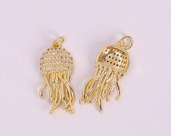 3Pcs 18K Gold Filled Zircon Jellyfish Pendant,Ocean Charm,Sea Life Pendant, for DIY Jewelry Finding Necklace Bracelet