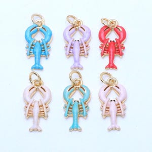 Puede incluir: Seis colgantes de langosta de colores en azul, morado y rojo, con detalles dorados. Los colgantes están esmaltados y tienen un lazo para sujetarlos a joyas u otras manualidades. Los colgantes de langosta son divertidos.