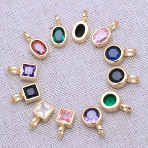 5Pcs 18K Gold Plated Tiny Round Oval Square Zircon Charms, Shiny Dainty CZ Pendants for DIY Jewelry Findings