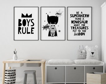 Superhero Grey Star Quote Prints Childrens Boys Bedroom Nursery Decor Pictures 