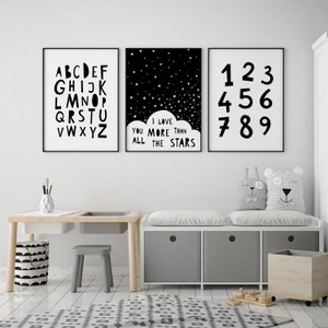 Kids wall decor, black and white kids art, Scandinavian nursery prints, nursery alphabet, black and white nursery wall art print, kids decor