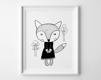 Fox in a dress, wall art prints, Scandinavian art, nursery decor, nursery poster, black and white art nursery prints Scandinanvian design