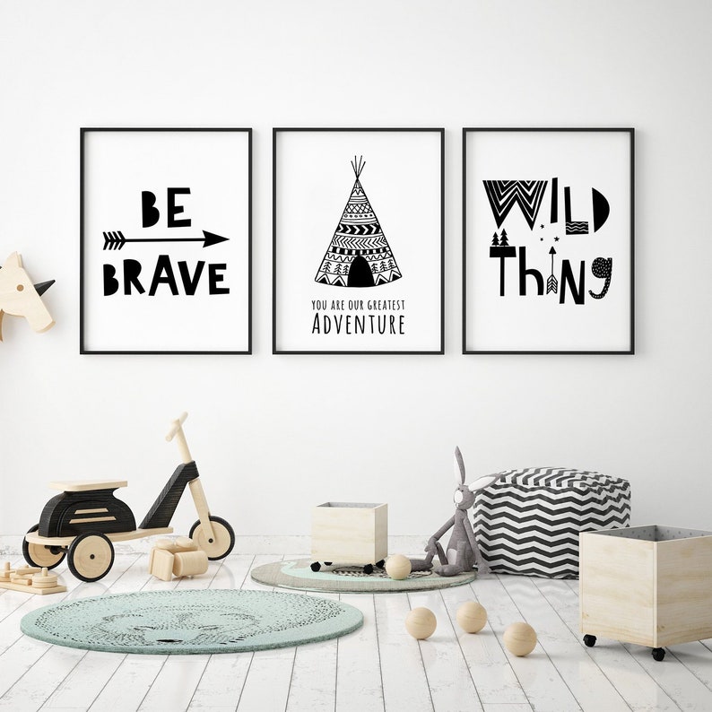 Nursery wall art set of 3 kids prints monochrome nursery Etsy