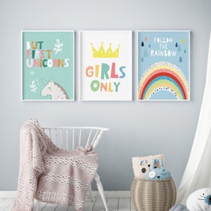 Girls nursery prints, kids wall art, girls bedroom decor, rainbow print, Nursery set of 3 prints, girl room decor, girl prints for kids room