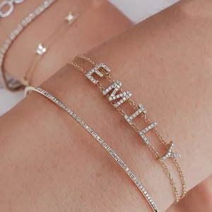 18K Gold Custom Pave Bracelet, Diamante Gold or Silver, Bracelet, gift for her, unique personalized name dainty pretty