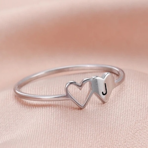 Silver Letter Heart Ring, Dainty Ring, Gift for her, Custom name initial
