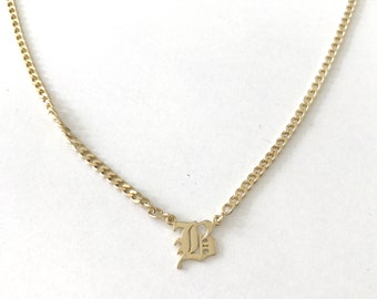 18K Gold Plated Custom Name Old English Necklace, Gothic Font, Chunky Curb Chain, Choker Necklace, High Quality Gold-Plated Stainless Steel