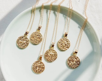 Gold Zodiac Horoscope Necklace, Coin Charm, Double Sided Pendant Choker, Silver Gold Plated, Vermeil, with Free Gift Bag