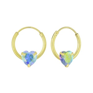 Gold Vermeil 10mm Hoop Earrings with Holographic Crystal Heart, Huggie Hoops, Love hoops, Nose piercing, Ear piercing, Gold Sleepers