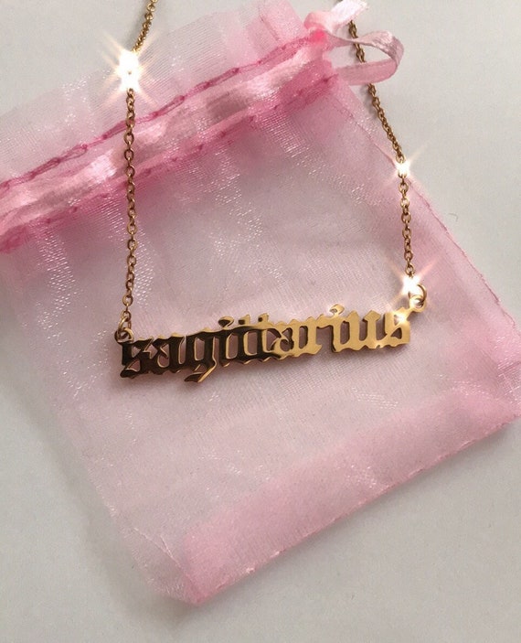 18k Gold Plated Zodiac Necklace: Gothic Old English Astrology Jewelry