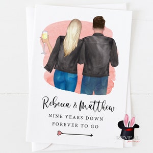 Tarjeta de 9 aniversario personalizada 9 años para ir parejas tarjeta 9 aniversario boda retrato jean chaquetas revelan saludos
