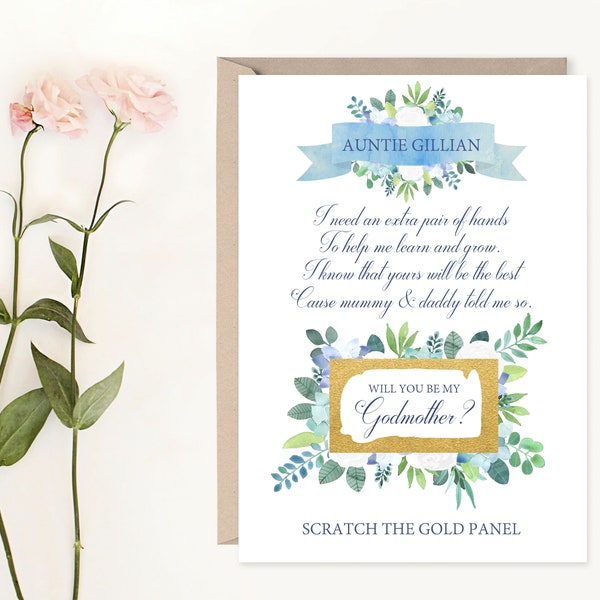 Godmother scratch card, will you be my godmother card, scratch and reveal godmother card, godmother proposal, godmother poem card, floral