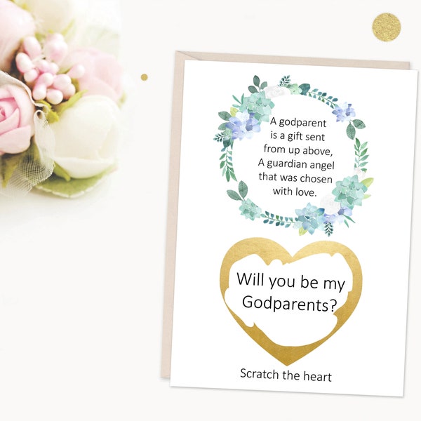 will you be my godparents scratch card, godparents proposal, godparents poem card, scratch and reveal godparents card, blue floral