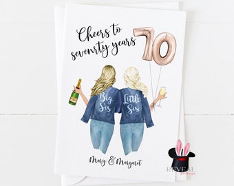 sister 70th birthday card, personalised sister birthday card, big sis little sis, little sis birthday card, cheers to 70 years, sister card