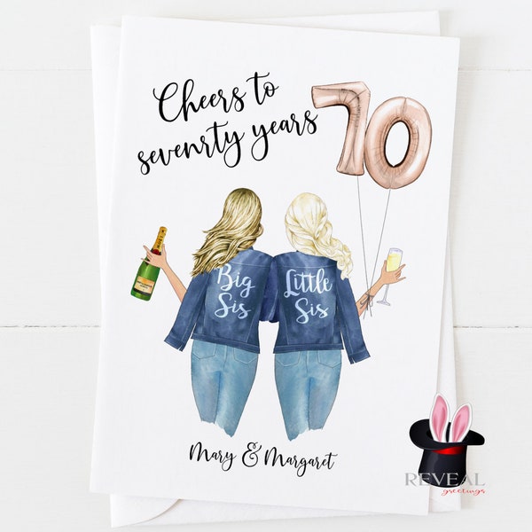 sister 70th birthday card, personalised sister birthday card, big sis little sis, little sis birthday card, cheers to 70 years, sister card