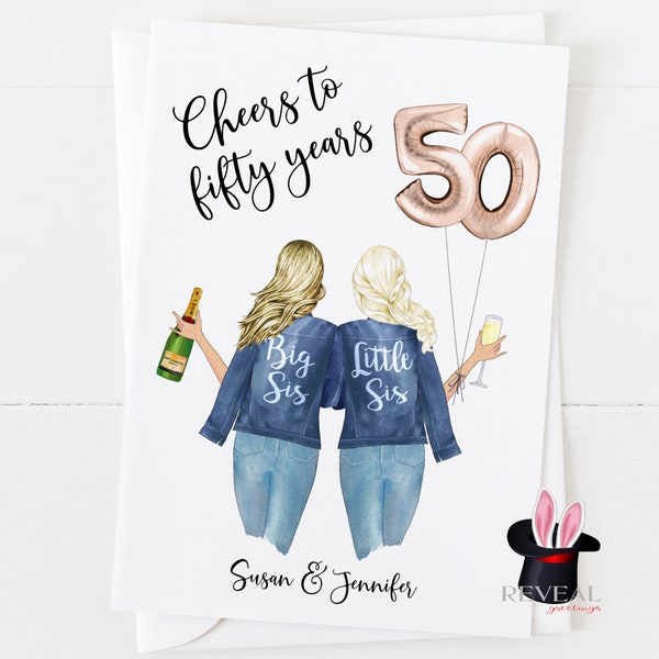 sister 50th birthday card, personalised sister birthday card, big sis little sis, little sis birthday card, cheers to 50 years, sister card