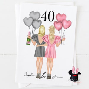 best friend 40th birthday card, sister 40th birthday card, best friends birthday card, dressed up best friends, cocktails birthday card