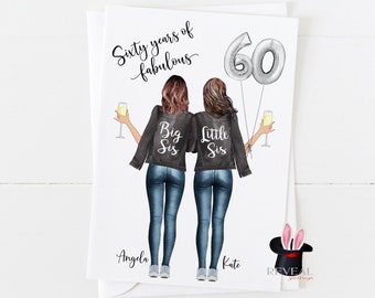 sister 60th birthday card, personalised sister birthday card, big sis little sis, little sis birthday card, 60 years of fabulous sister card