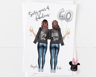 sister 60th birthday card, personalised sister birthday card, big sis little sis, little sis birthday card, 60 years of fabulous sister card