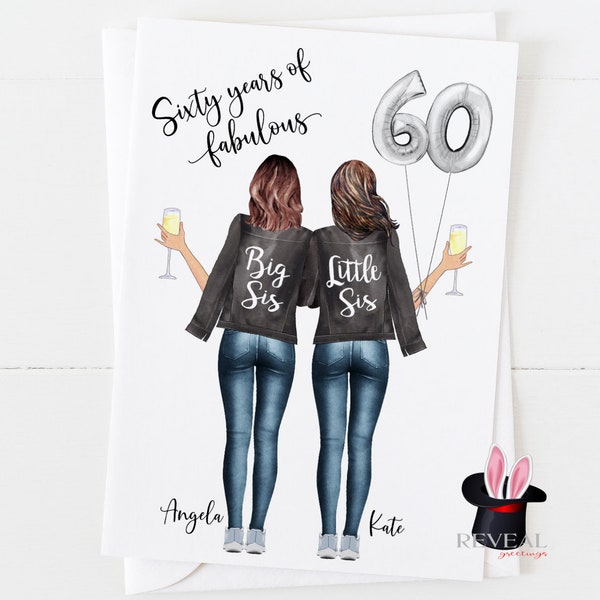 sister 60th birthday card, personalised sister birthday card, big sis little sis, little sis birthday card, 60 years of fabulous sister card