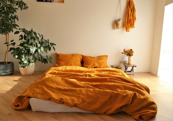 Linen 3 Piece Bedding Set In Marigold Yellow Ochre Queen Etsy