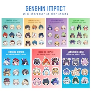Puede incluir: Hojas de pegatinas de mini personajes con varios personajes de Genshin Impact. Cada hoja es de un color diferente y presenta una región diferente: Mondstadt, Liyue, Inazuma, Sumeru, Fontaine, Natlan y Nod Krai. Las pegatinas son coloridas y detalladas.