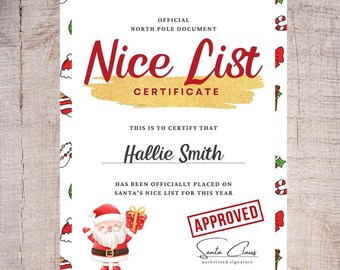 Personalised Letter From Santa, Nice List Certificate, Christmas Eve Box Filler