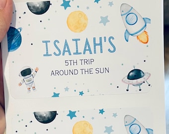 Personalised Space Birthday Party Stickers: First Trip Around the Sun