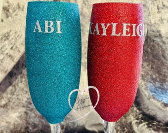 Personalised Glitter Glass Name Champagne Flute Birthday Wedding Hen Party Gift glitter