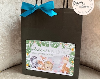 Personalised Party Bags, Safari, Jungle Theme, Wild One with your choice of bag and ribbon colour.
