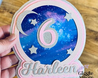 Personalised Cake Topper Galaxy Space Theme Your Choice Of Wording And Colour, Birthday